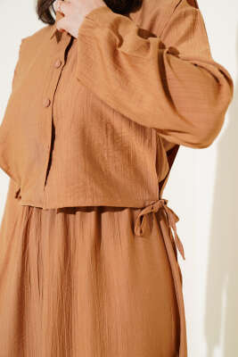 Bel Lastikli Bolerolu Elbise Latte - Tesettür Elbise