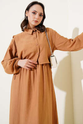 Bel Lastikli Bolerolu Elbise Latte - Tesettür Elbise