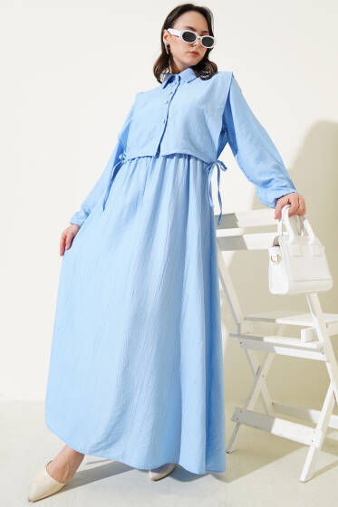 Bel Lastikli Bolerolu Elbise Mavi - Elbise