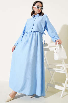 Bel Lastikli Bolerolu Elbise Mavi 