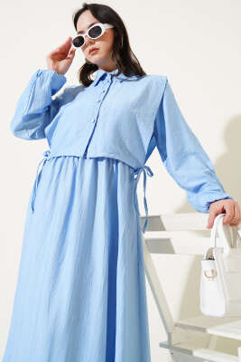 Bel Lastikli Bolerolu Elbise Mavi - Tesettür Elbise