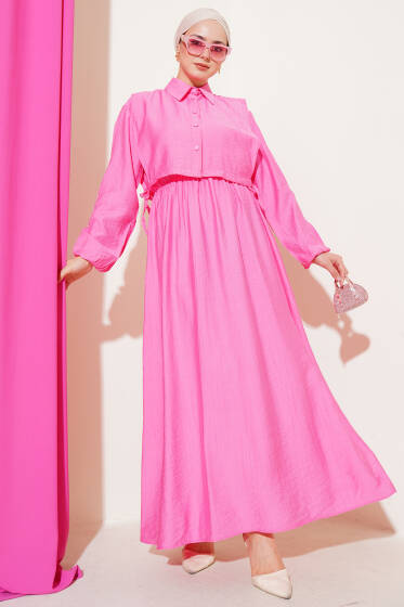 Bel Lastikli Bolerolu Elbise Pembe - Elbise