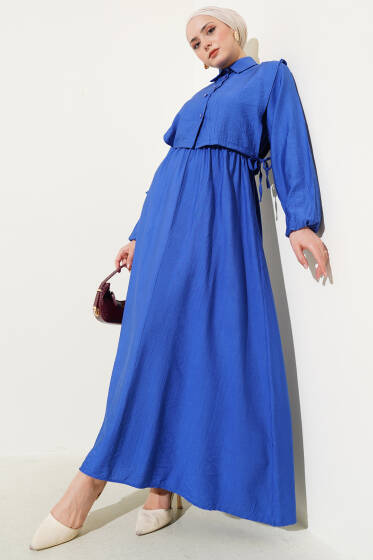 Bel Lastikli Bolerolu Elbise Saks - Elbise