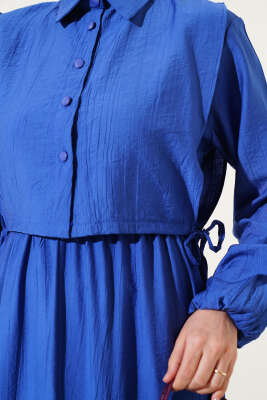 Bel Lastikli Bolerolu Elbise Saks - Tesettür Elbise