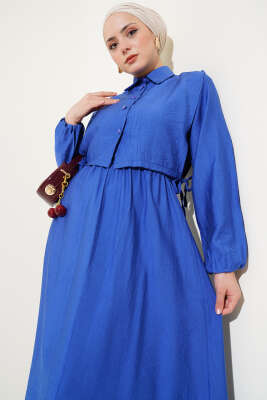 Bel Lastikli Bolerolu Elbise Saks - Tesettür Elbise