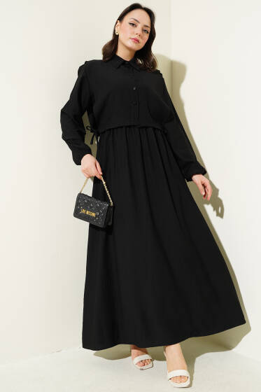 Bel Lastikli Bolerolu Elbise Siyah - Elbise