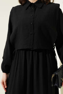 Bel Lastikli Bolerolu Elbise Siyah - Tesettür Elbise