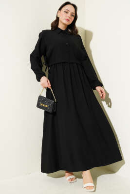 Bel Lastikli Bolerolu Elbise Siyah - Tesettür Elbise