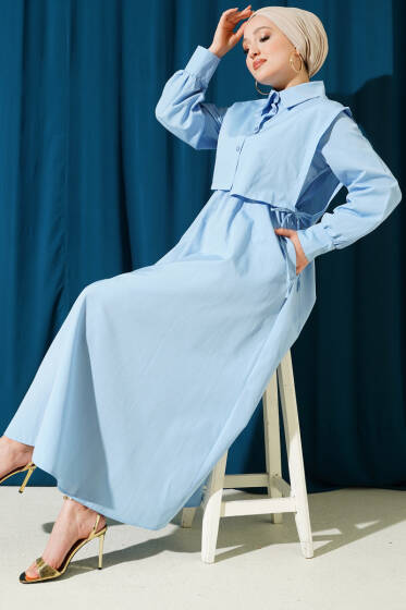 Bel Lastikli Bolerolu Terikoton Elbise Bebe Mavi - Elbise