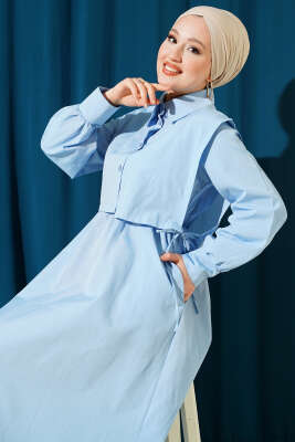 Bel Lastikli Bolerolu Terikoton Elbise Bebe Mavi - Elbise