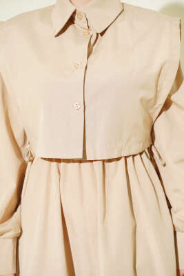 Bel Lastikli Bolerolu Terikoton Elbise Bej - Elbise