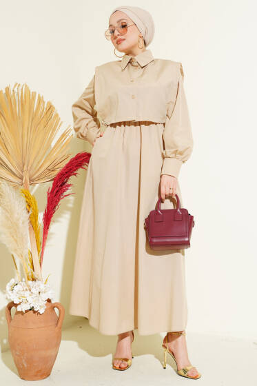 Bel Lastikli Bolerolu Terikoton Elbise Bej - Elbise