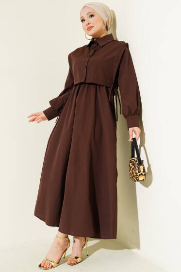Bel Lastikli Bolerolu Terikoton Elbise Kahve - Elbise