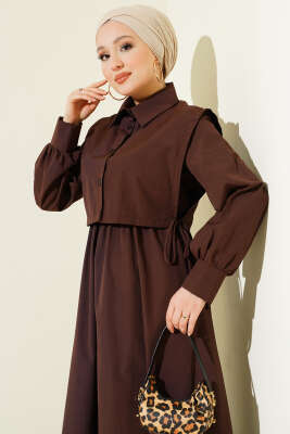 Bel Lastikli Bolerolu Terikoton Elbise Kahve - Elbise