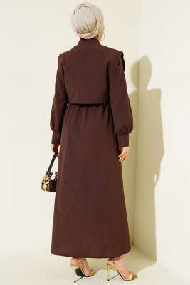 Bel Lastikli Bolerolu Terikoton Elbise Kahve - Elbise