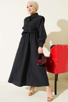 Bel Lastikli Bolerolu Terikoton Elbise Siyah - Elbise