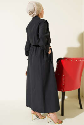 Bel Lastikli Bolerolu Terikoton Elbise Siyah - Elbise