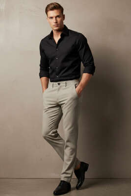 Bel Lastikli Boru Paça Erkek Pantolon Bej - Erkek Pantolon