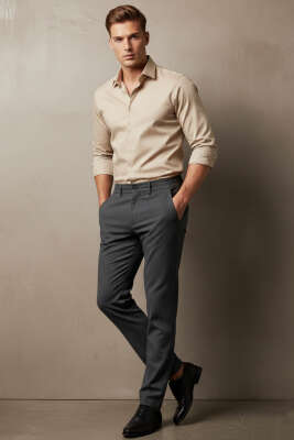 Bel Lastikli Boru Paça Erkek Pantolon Füme - Erkek Pantolon