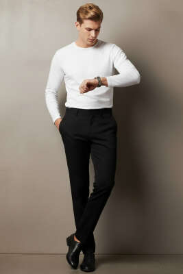 Bel Lastikli Boru Paça Erkek Pantolon Siyah - Erkek Pantolon