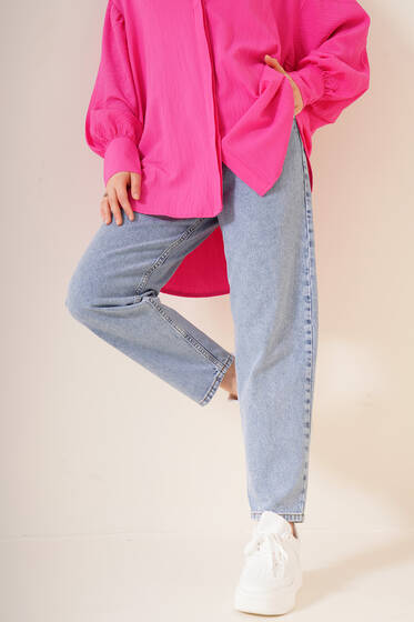Bel Lastikli Boy Friend Jean Pantolon Açık Mavi - Kot Pantolon