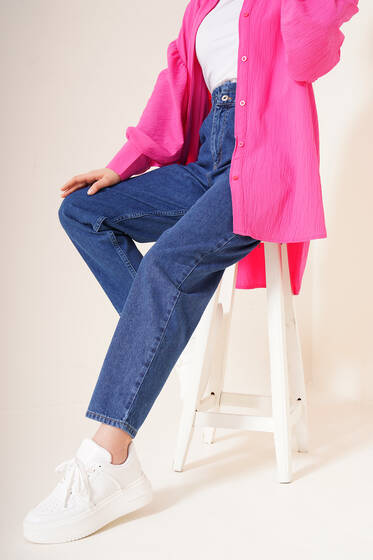 Bel Lastikli Boy Friend Jean Pantolon Kot Mavisi - Kot Pantolon