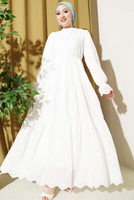 Bel Lastikli Brodeli Elbise Beyaz - AFRA