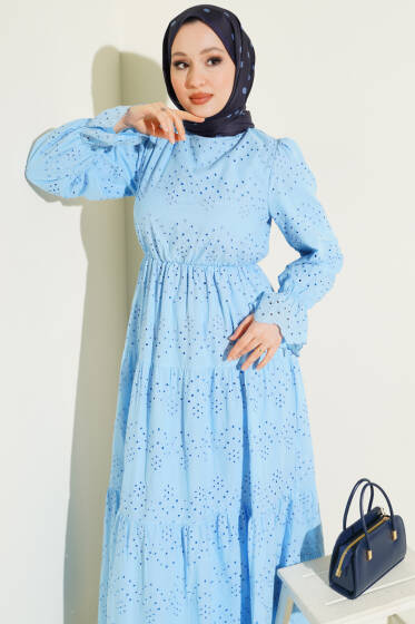 Bel Lastikli Brodeli Elbise Mavi - Elbise