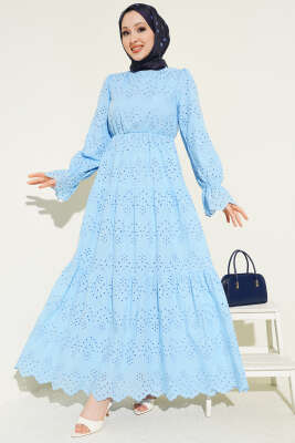 Bel Lastikli Brodeli Elbise Mavi - Elbise