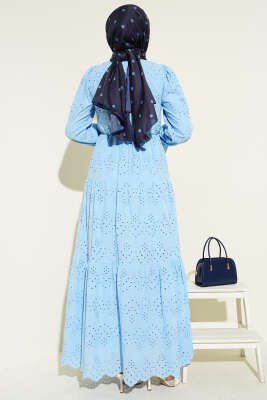Bel Lastikli Brodeli Elbise Mavi - Elbise