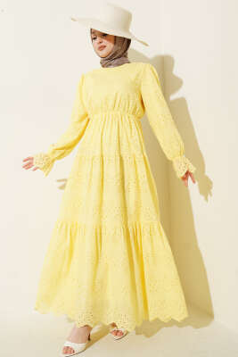 Bel Lastikli Brodeli Elbise Sarı - AFRA