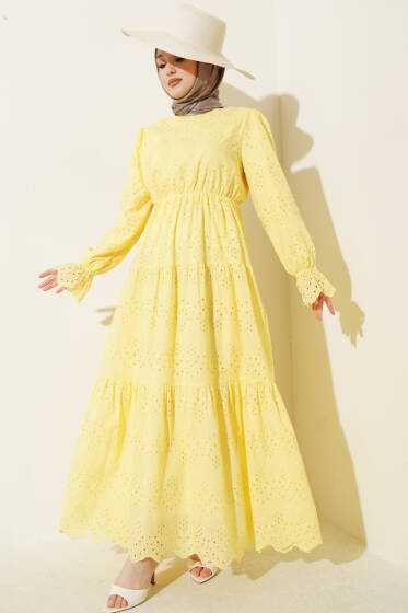 Bel Lastikli Brodeli Elbise Sarı - Elbise
