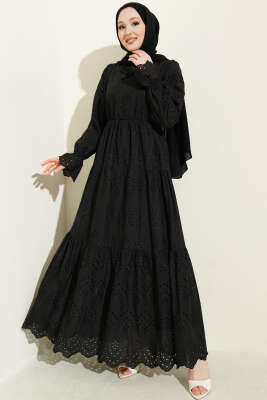 Bel Lastikli Brodeli Elbise Siyah - AFRA
