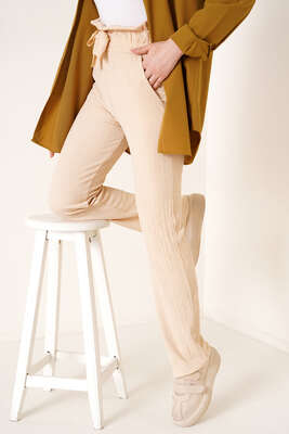 Bel Lastikli Bürümcük Pantolon Bej - Pantolon