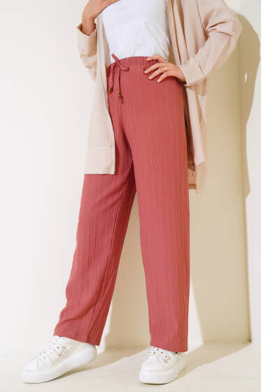 Bel Lastikli Bürümcük Salaş Pantolon Gül Kurusu - Pantolon