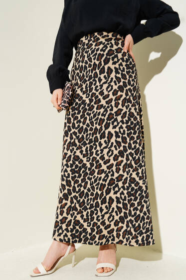 Bel Lastikli Bürümcüklü Etek Leopar - Etek