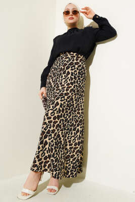 Bel Lastikli Bürümcüklü Etek Leopar - Uzun Etek