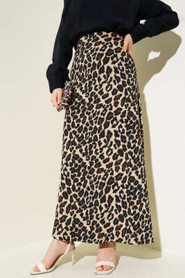 Bel Lastikli Bürümcüklü Etek Leopar - Uzun Etek
