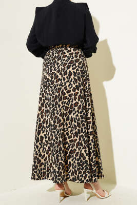 Bel Lastikli Bürümcüklü Etek Leopar - Uzun Etek