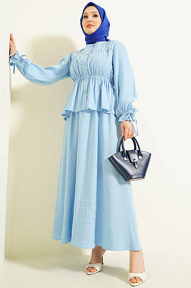 Bel Lastikli Büzgülü Etekli İkili Takım Bebe Mavi - İkili Takım