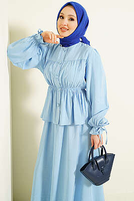 Bel Lastikli Büzgülü Etekli İkili Takım Bebe Mavi - İkili Takım