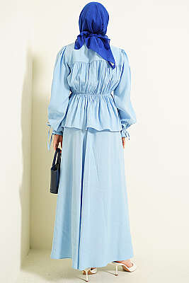 Bel Lastikli Büzgülü Etekli İkili Takım Bebe Mavi - İkili Takım