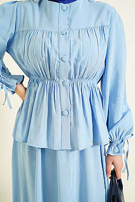 Bel Lastikli Büzgülü Etekli İkili Takım Bebe Mavi - İkili Takım