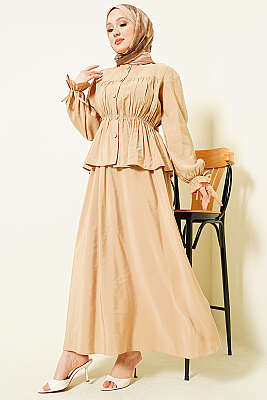 Bel Lastikli Büzgülü Etekli İkili Takım Bej - BERAT TEKSTİL