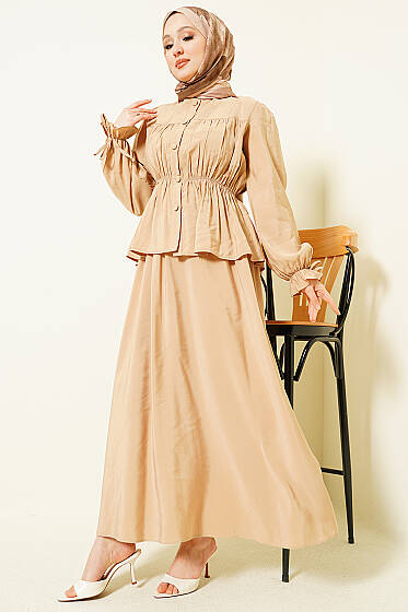 Bel Lastikli Büzgülü Etekli İkili Takım Bej - İkili Takım