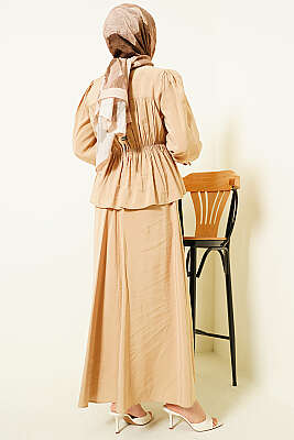 Bel Lastikli Büzgülü Etekli İkili Takım Bej - İkili Takım