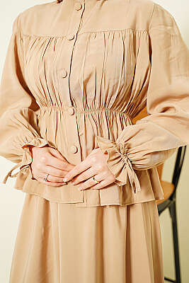 Bel Lastikli Büzgülü Etekli İkili Takım Bej - İkili Takım