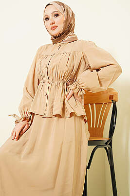 Bel Lastikli Büzgülü Etekli İkili Takım Bej - İkili Takım