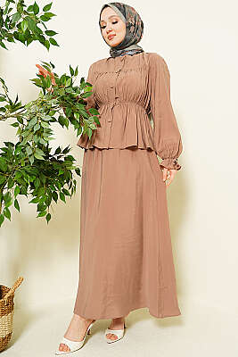 Bel Lastikli Büzgülü Etekli İkili Takım Latte - BERAT TEKSTİL