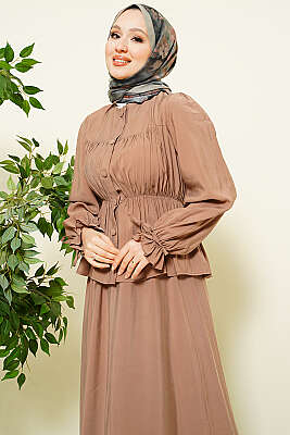 Bel Lastikli Büzgülü Etekli İkili Takım Latte - İkili Takım